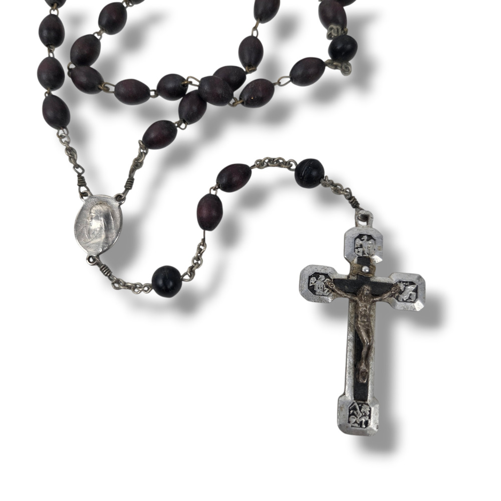 Vintage Rosary Wood Beads Stations of the Cross Crucifix Medal Silver Tone Roma